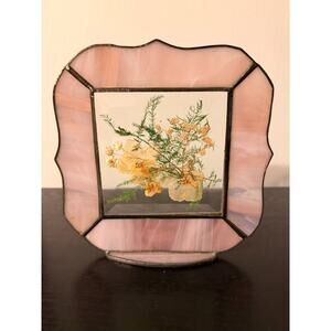 Framed Dried Flowers w/ Pink Stained Glass Picture with Stand